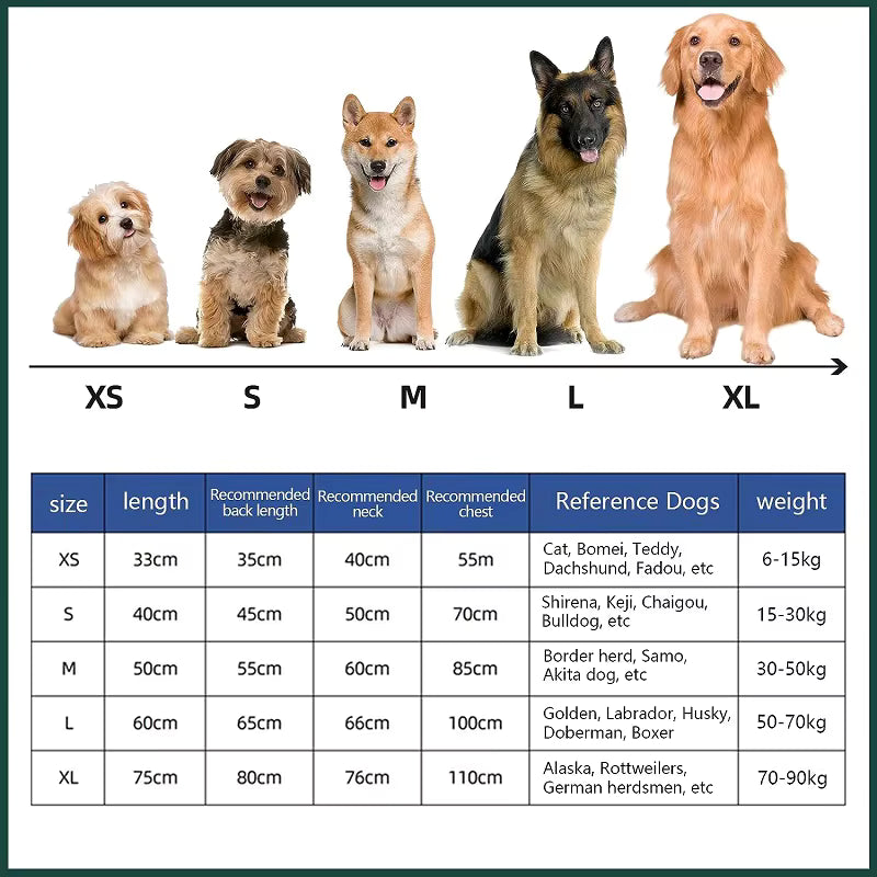 Size chart for the dog drying robe