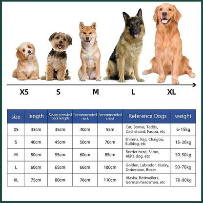 Size chart for the dog drying robe